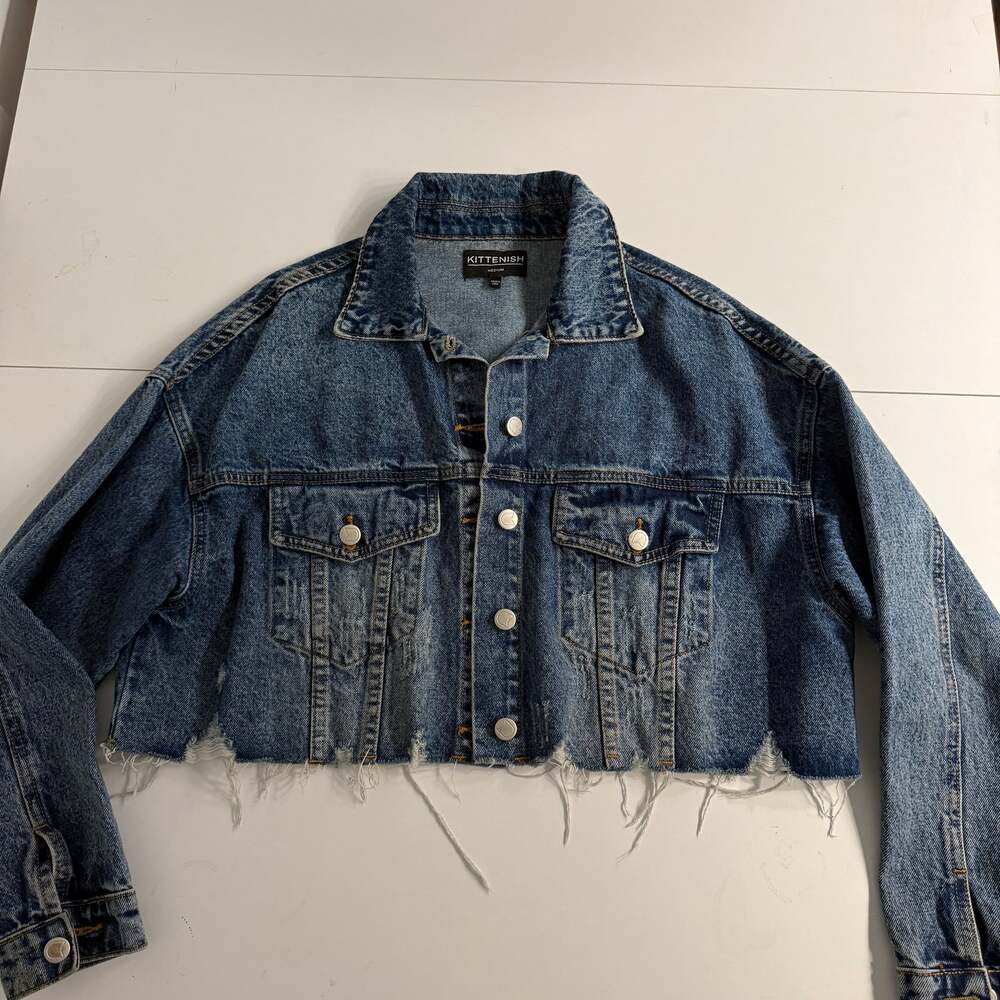 Kittenish Frayed Hem Cropped Denim Jacket Size‎ M Western Glam Country Concert